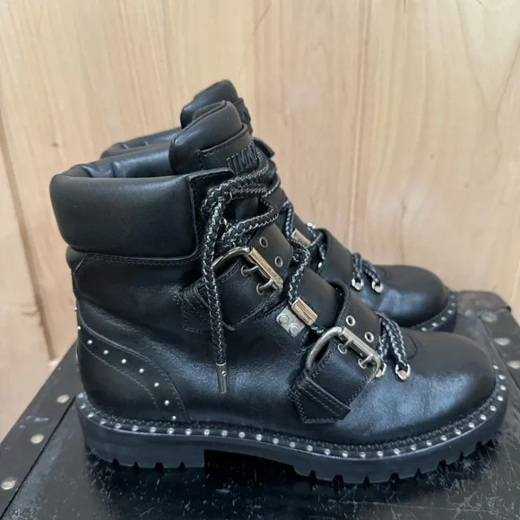 Jimmy Choo Calfskin Breeze Biker Combat Boots Sz 37.5 Black Moto Buckle Studded - Picture 16 of 16